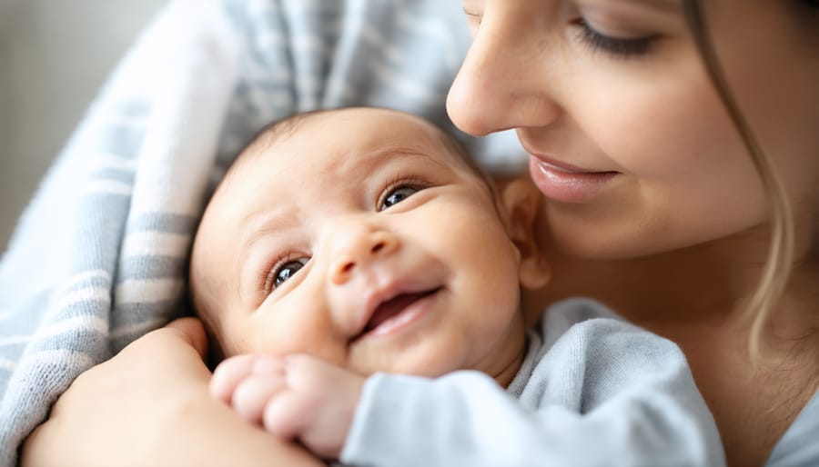 Mother holding newborn baby in comfortable chair with soft natural lighting