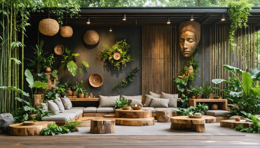 Assortment of natural furniture materials including wood planks, bamboo, and rattan on workshop table