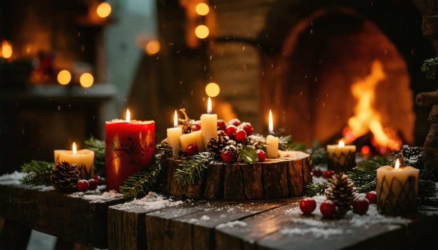 Family gathered around fireplace during winter celebration sharing stories and warmth