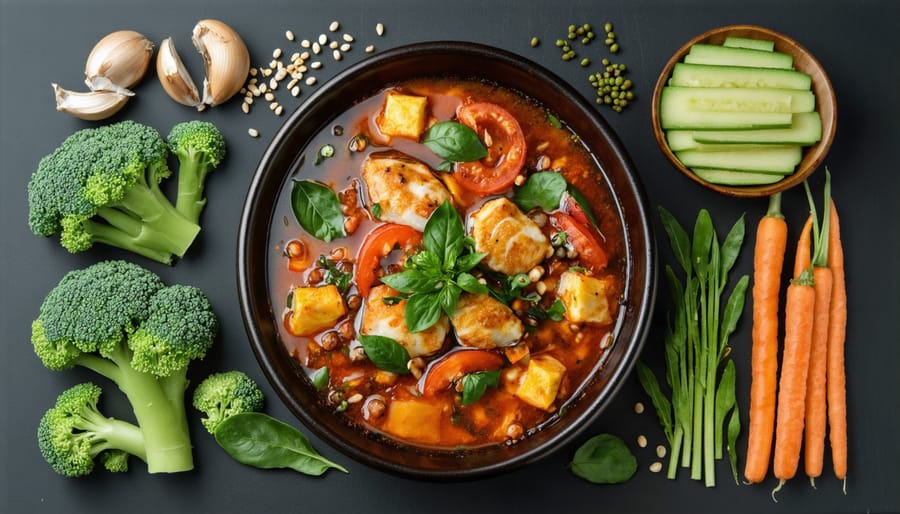 Bowl of healthy vegetable soup with steam rising, representing nourishing recovery foods