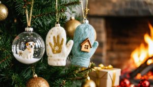 These Personalized Ornaments Will Make Your Family Tree Truly Yours Close-up of personalized Christmas ornaments on a tree—a clear glass bauble with a tiny gold handprint, a carved wooden snowflake, a felted mitten with a pet portrait, and a hand-painted ceramic house—lit warmly with blurred fireplace and wrapped gifts in the background.