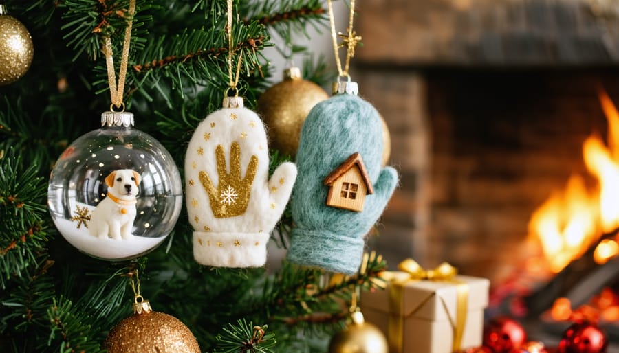 Close-up of personalized Christmas ornaments on a tree—a clear glass bauble with a tiny gold handprint, a carved wooden snowflake, a felted mitten with a pet portrait, and a hand-painted ceramic house—lit warmly with blurred fireplace and wrapped gifts in the background.