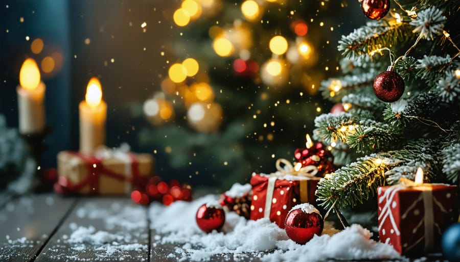 Photoshop workspace showing Christmas light brushes being applied to holiday photo