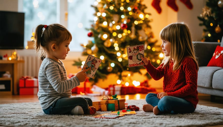 Two young children play Christmas charades on a rug beside a lit tree, using picture-only cards and a magnifying glass, with quilted stockings on the mantle and a miniature village softly blurred in the background under warm golden light.