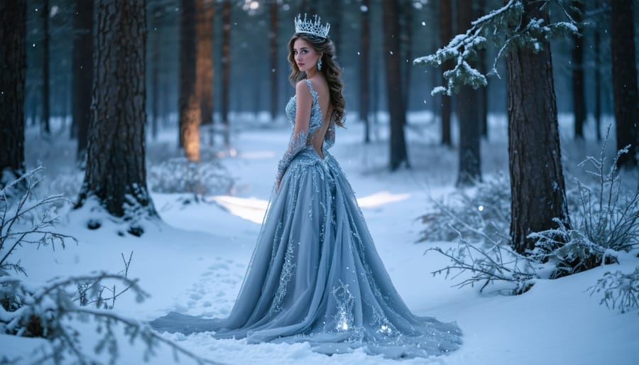 Ethereal woman in a silver-blue gown and frost crown stands in a moonlit snowy forest, softly backlit with sparkling ice crystals, blurred snow-covered pines and faint aurora behind her.