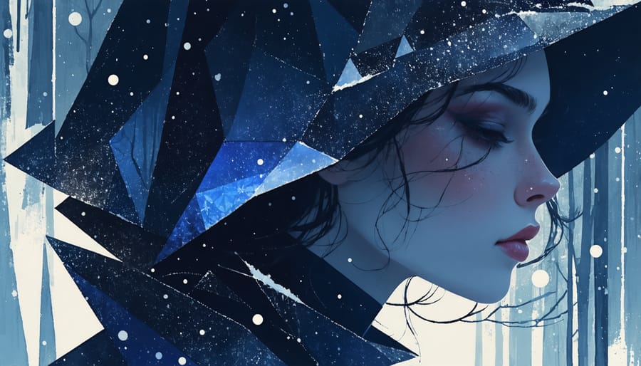 Ethereal ice queen figure in silver-blue gown standing in moonlit snowy forest