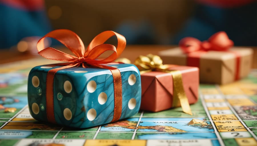 Hand rolling dice over wrapped Christmas presents during gift exchange game