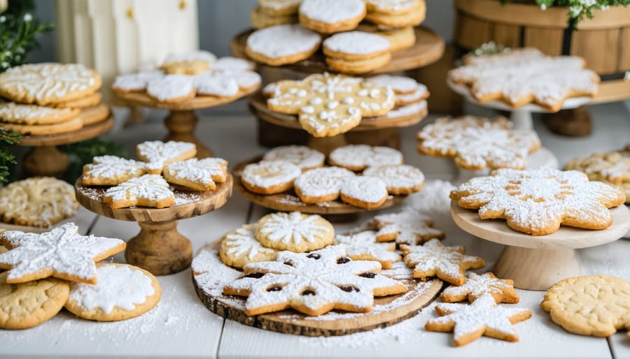 Rustic farmhouse style cookie display with decorated cookies on wooden stand with natural pine and burlap accents