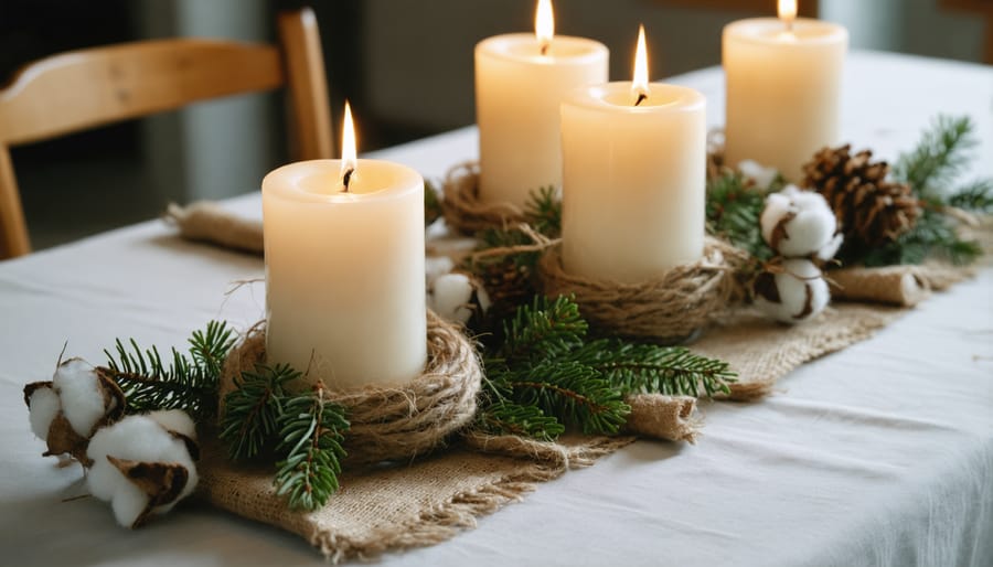 Rustic farmhouse Christmas table setting with multiple candle rings featuring burlap, cotton stems, and neutral tones