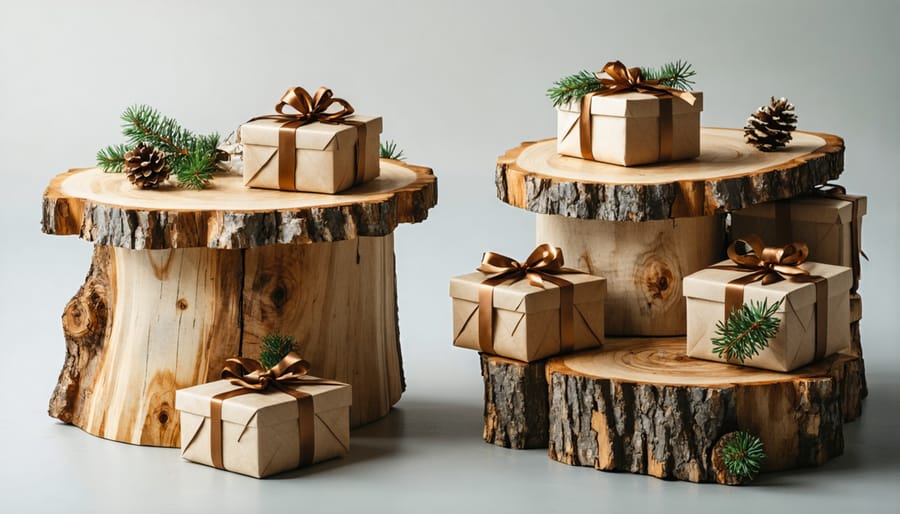 Handmade reclaimed wood table displaying wrapped Christmas gifts with natural decorations