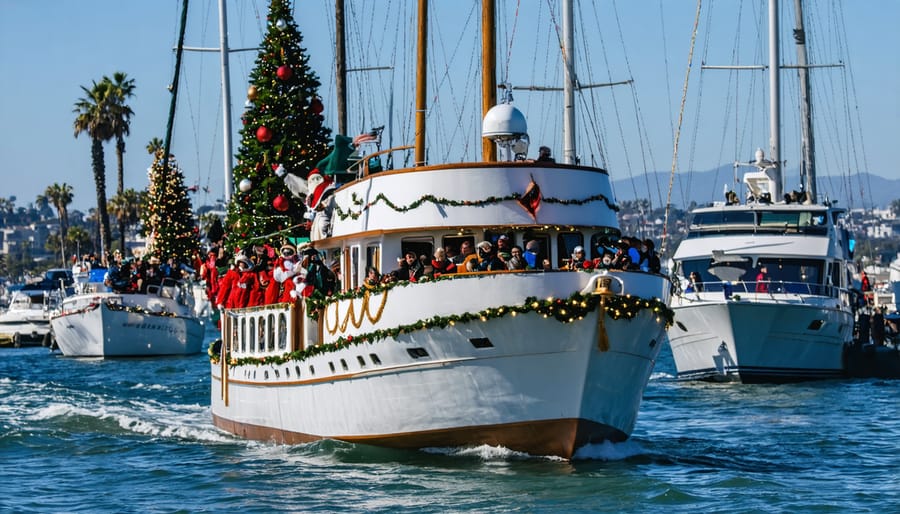 Aerial view of illuminated boats in San Diego harbor Christmas parade at sunset