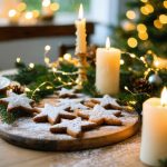 Eye-level close-up of a wooden table with gingerbread, evergreen sprigs, candles, and twinkle lights as a child’s hand places a paper star, with a softly blurred living room, open ornament box, and summer greenery visible through the window.