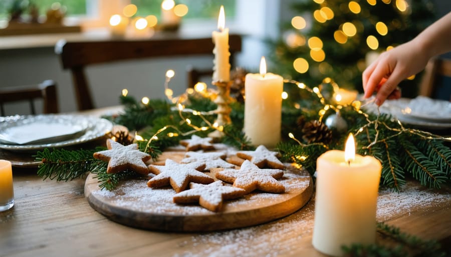 Eye-level close-up of a wooden table with gingerbread, evergreen sprigs, candles, and twinkle lights as a child’s hand places a paper star, with a softly blurred living room, open ornament box, and summer greenery visible through the window.