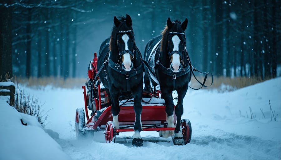 Family bundled in blankets holding hot drinks during twilight sleigh ride