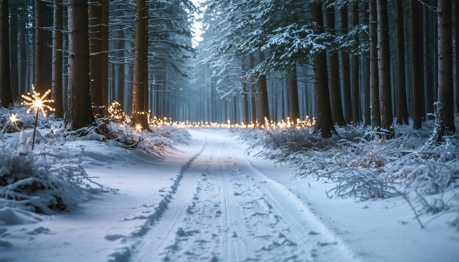 Snowy forest path with sleigh tracks leading through pine trees at twilight