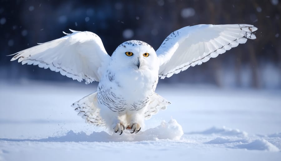 Snowy owl with white plumage perched on snow-covered branch in winter forest