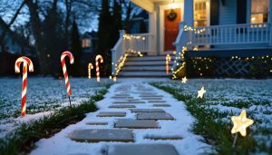 Transform Your Yard Into a Winter Wonderland With Solar Light Stakes Low-angle dusk photo of candy cane–striped solar light stakes lining a snow-covered walkway, with star-shaped solar lights glowing in the lawn and a softly blurred house and evergreens behind.