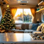 Clean, cozy mobile home interior with polished galley kitchen countertop reflecting holiday string lights, compact sofa, small decorated tree, vertical wall organizers, and tidy floors with a table set for guests.