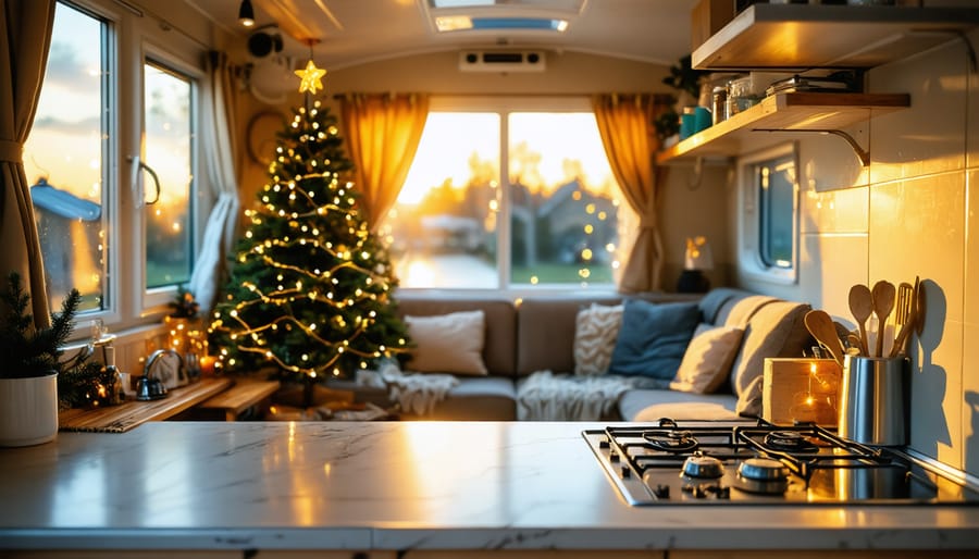 Clean, cozy mobile home interior with polished galley kitchen countertop reflecting holiday string lights, compact sofa, small decorated tree, vertical wall organizers, and tidy floors with a table set for guests.