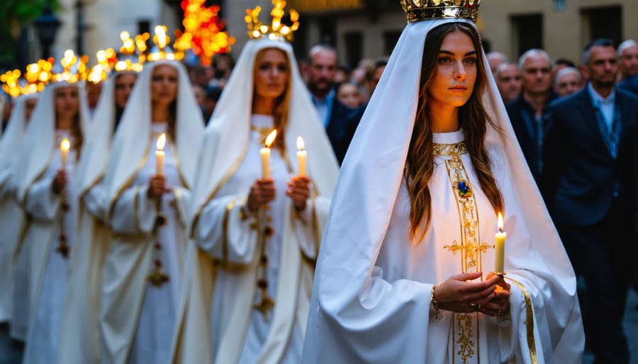 St. Lucia Day procession with girl wearing traditional white robe and candle crown in church