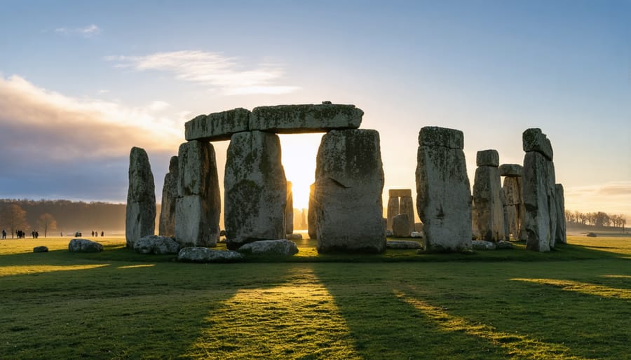 Stonehenge at winter solstice dawn with sunlight streaming through the ancient stones