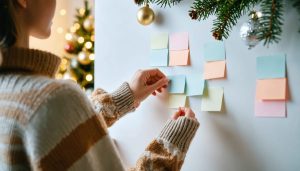 The Secret to Stress-Free Holiday Planning (Borrowed from Project Managers) Person in a cozy sweater placing a blank colored card on a white magnetic planning board, with a softly blurred Christmas tree, cooling cinnamon rolls, and neatly wrapped gifts in warm golden-hour light.