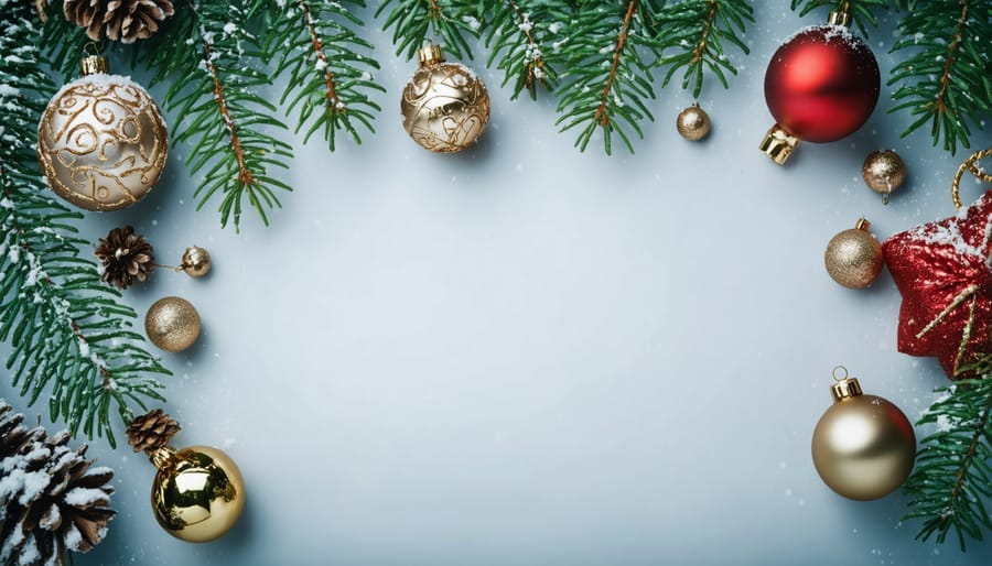 Calm organized living room with decorated Christmas tree and person planning with planner and coffee