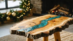Bring Nature Home This Christmas with Sustainable DIY Furniture Rustic holiday living room featuring a reclaimed-wood side table with a river-stone mosaic top, maple serving boards, and a branch coat rack under warm window light, with a snow-dusted window and evergreen garland softly blurred in the background.