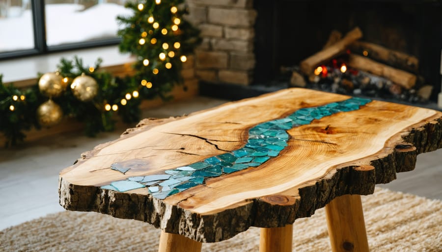 Rustic holiday living room featuring a reclaimed-wood side table with a river-stone mosaic top, maple serving boards, and a branch coat rack under warm window light, with a snow-dusted window and evergreen garland softly blurred in the background.