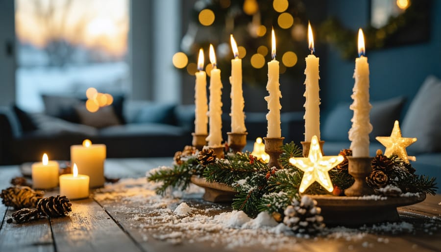 Swedish advent candlestick with four candles and white advent star in window with winter landscape behind