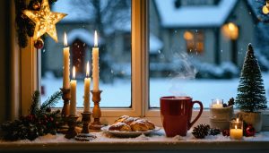 Eye-level photo of a Swedish Christmas window featuring an illuminated paper advent star and four-candle holder beside a straw Yule goat, saffron buns, and steaming glögg, with snowy trees softly blurred outside.