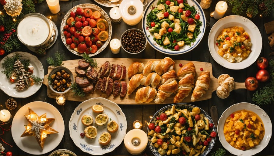 Overhead view of traditional Swedish Christmas julbord buffet with herring, meatballs, ham, and festive dishes