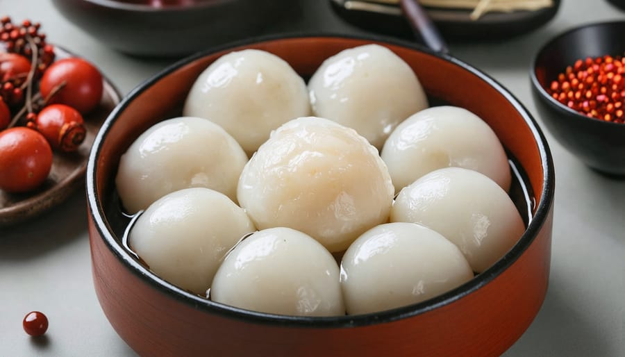 Traditional tangyuan sweet rice balls in bowls for Dongzhi winter solstice celebration