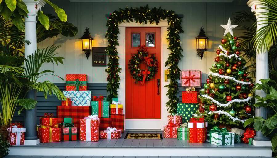Christmas tree with tropical decorations and painted branches in Jamaican home with palm tree visible through window