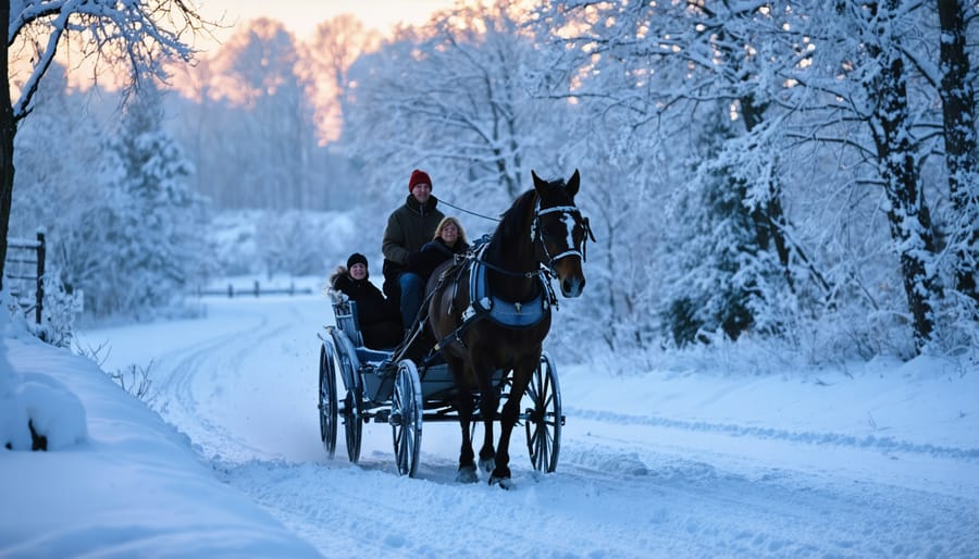 Horse-drawn sleigh traveling through snowy landscape at twilight with glowing lanterns