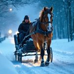 Traditional horse-drawn sleigh with bundled passengers traveling through snowy evergreens at twilight, warm lanterns glowing and moonlight shimmering on the snow, breath visible in the cold air.
