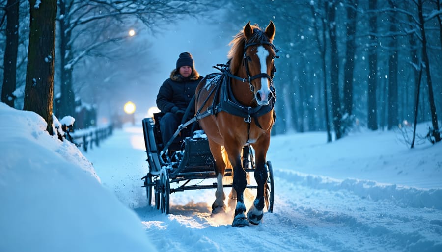 Traditional horse-drawn sleigh with bundled passengers traveling through snowy evergreens at twilight, warm lanterns glowing and moonlight shimmering on the snow, breath visible in the cold air.