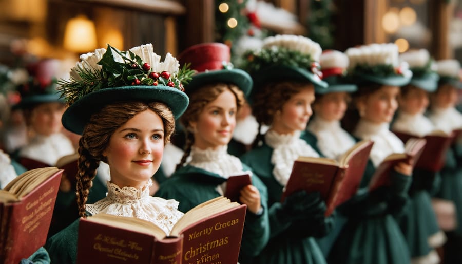 Victorian-costumed caroler figures displayed on front lawn with decorated evergreens