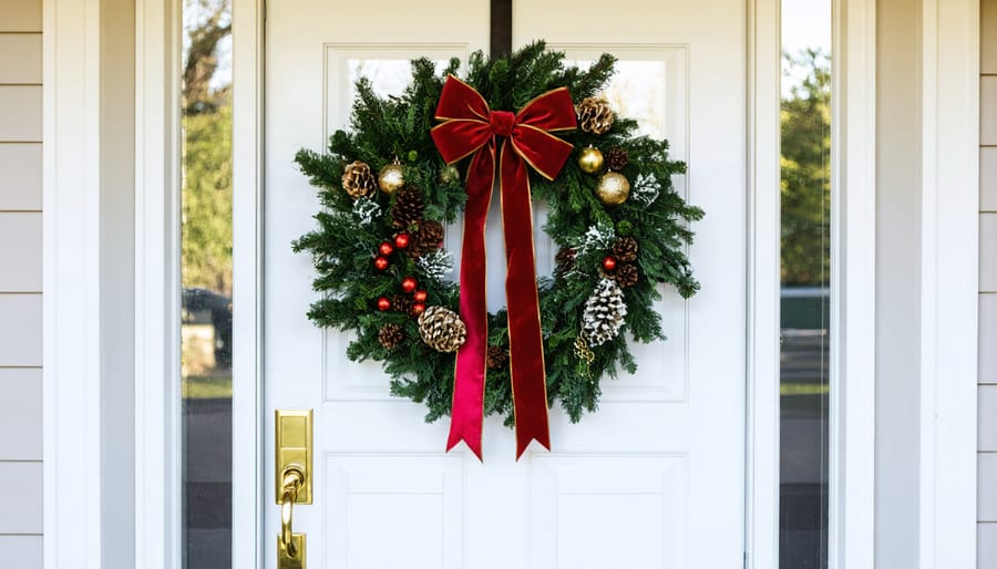 Victorian-style Christmas wreath with red velvet ribbon and gold accents on front door