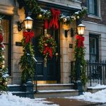 Victorian townhouse facade at dusk with evergreen garlands, burgundy velvet ribbons, gold ornaments, and a grand wreath around the doorway, gas-style lanterns casting warm light, gentle snowfall, and a softly blurred cobblestone street with a horse-drawn carriage in the background.