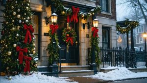 Transform Your Home into a Dickensian Wonderland This Christmas Victorian townhouse facade at dusk with evergreen garlands, burgundy velvet ribbons, gold ornaments, and a grand wreath around the doorway, gas-style lanterns casting warm light, gentle snowfall, and a softly blurred cobblestone street with a horse-drawn carriage in the background.