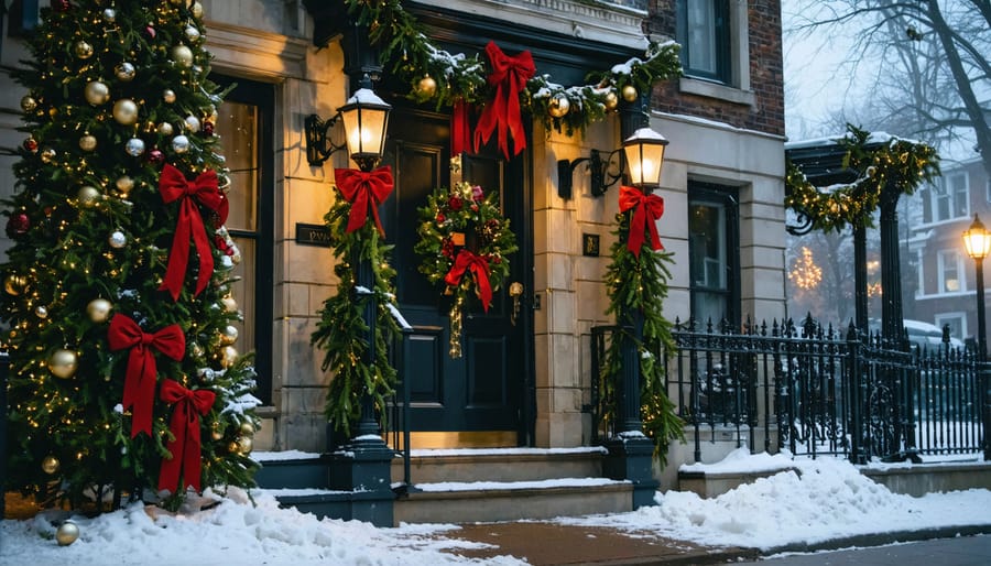 Victorian townhouse facade at dusk with evergreen garlands, burgundy velvet ribbons, gold ornaments, and a grand wreath around the doorway, gas-style lanterns casting warm light, gentle snowfall, and a softly blurred cobblestone street with a horse-drawn carriage in the background.
