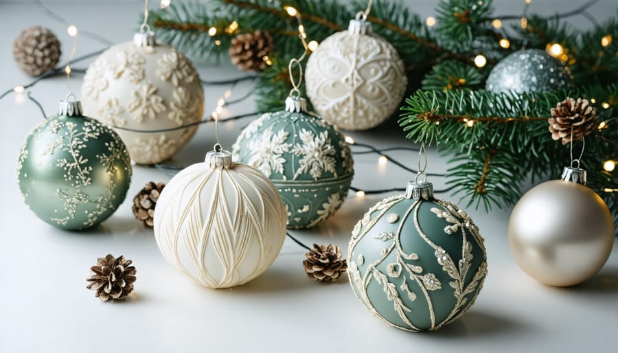 Close-up of handmade pomander balls with cloves and velvet ribbon on evergreen garland