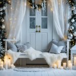 Straight-on wide photo of a white-and-silver winter entryway with frosted garland, birch branches, crystal ornaments, faux fur bench throw, cool string lights, and LED candles, with a softly blurred reading nook beyond.