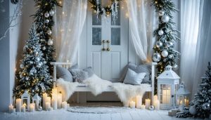 Straight-on wide photo of a white-and-silver winter entryway with frosted garland, birch branches, crystal ornaments, faux fur bench throw, cool string lights, and LED candles, with a softly blurred reading nook beyond.
