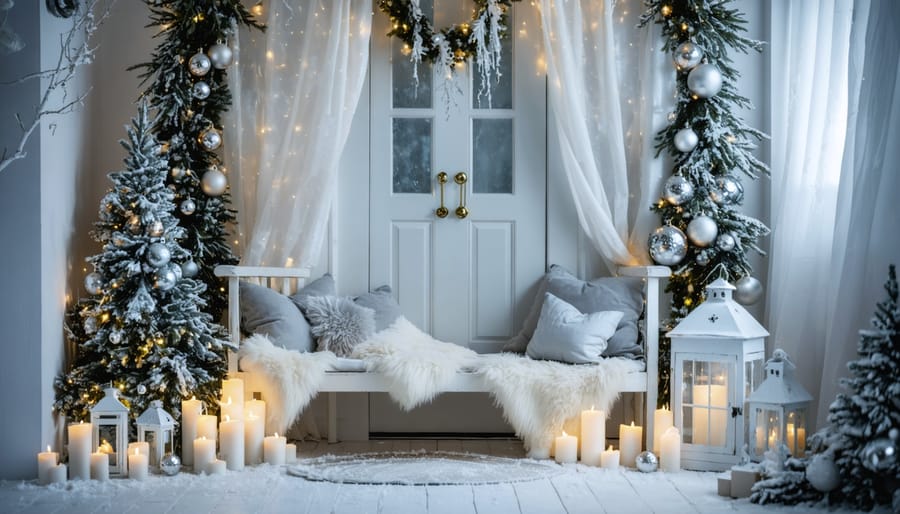 Straight-on wide photo of a white-and-silver winter entryway with frosted garland, birch branches, crystal ornaments, faux fur bench throw, cool string lights, and LED candles, with a softly blurred reading nook beyond.