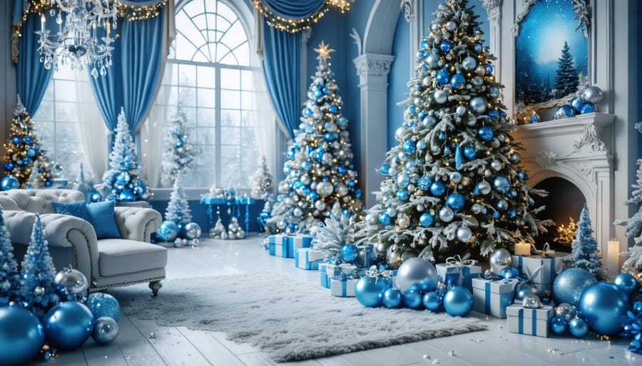 Living room decorated with silver and blue Christmas decorations, fairy lights, and candles creating winter palace ambiance