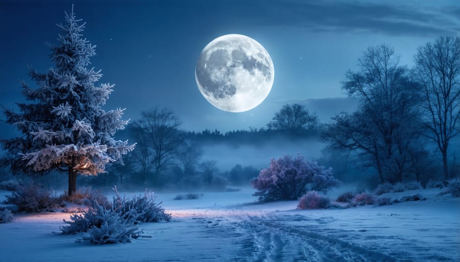 Overhead view of blue and silver Christmas floral arrangement with delphinium and lavender roses