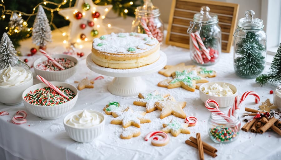 Overhead 45-degree view of a Christmas cookie-decorating station with cake stands of iced cookies, bowls of frosting and piping bags, mason jars of colorful sprinkles, and candy canes on a white table, with warm string lights and evergreen accents; blurred cookie display wall and ornament-filled jars in the background.