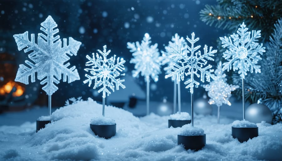 Elegant winter wonderland yard display with blue and white solar light stakes